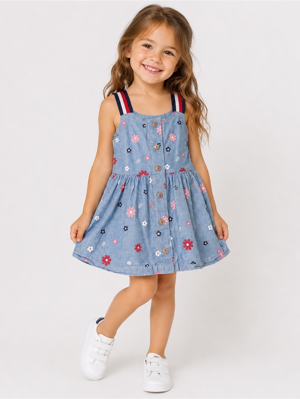 Tommy Hilfiger Girls Floral Denim Chambray Dress Size 4T - Classic Preppy